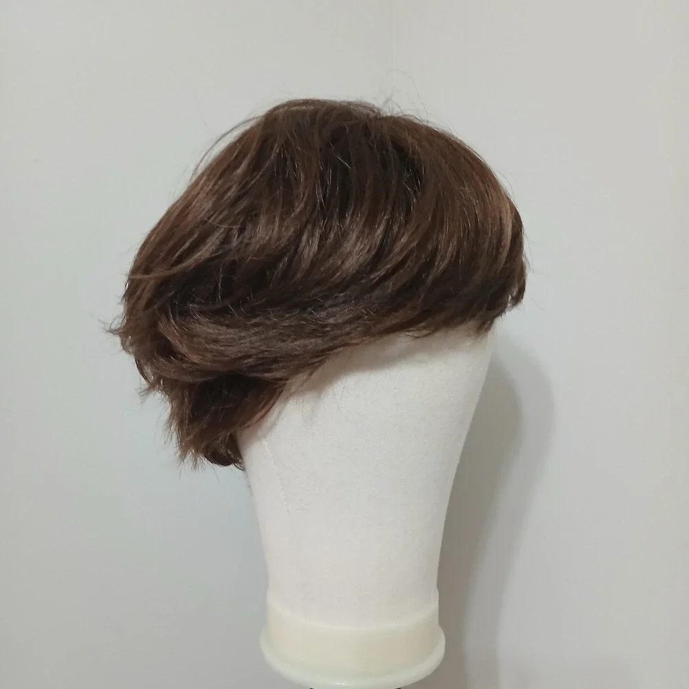 Brown Pixie Cut Wig Wavy Human Synthetic Blend Heat Friendly NEW